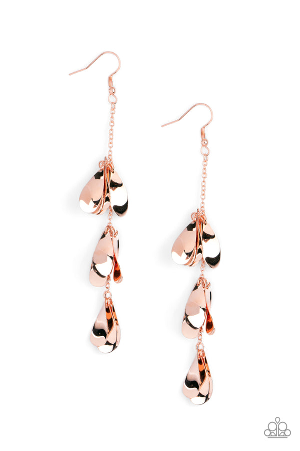 Arrival CHIME - Copper Earrings - Paparazzi Accessories - Clusters of shiny copper teardrop discs dangle and spin along a dainty copper chain, creating a shimmery tinkling lure. Earring attaches to a standard fishhook fitting.