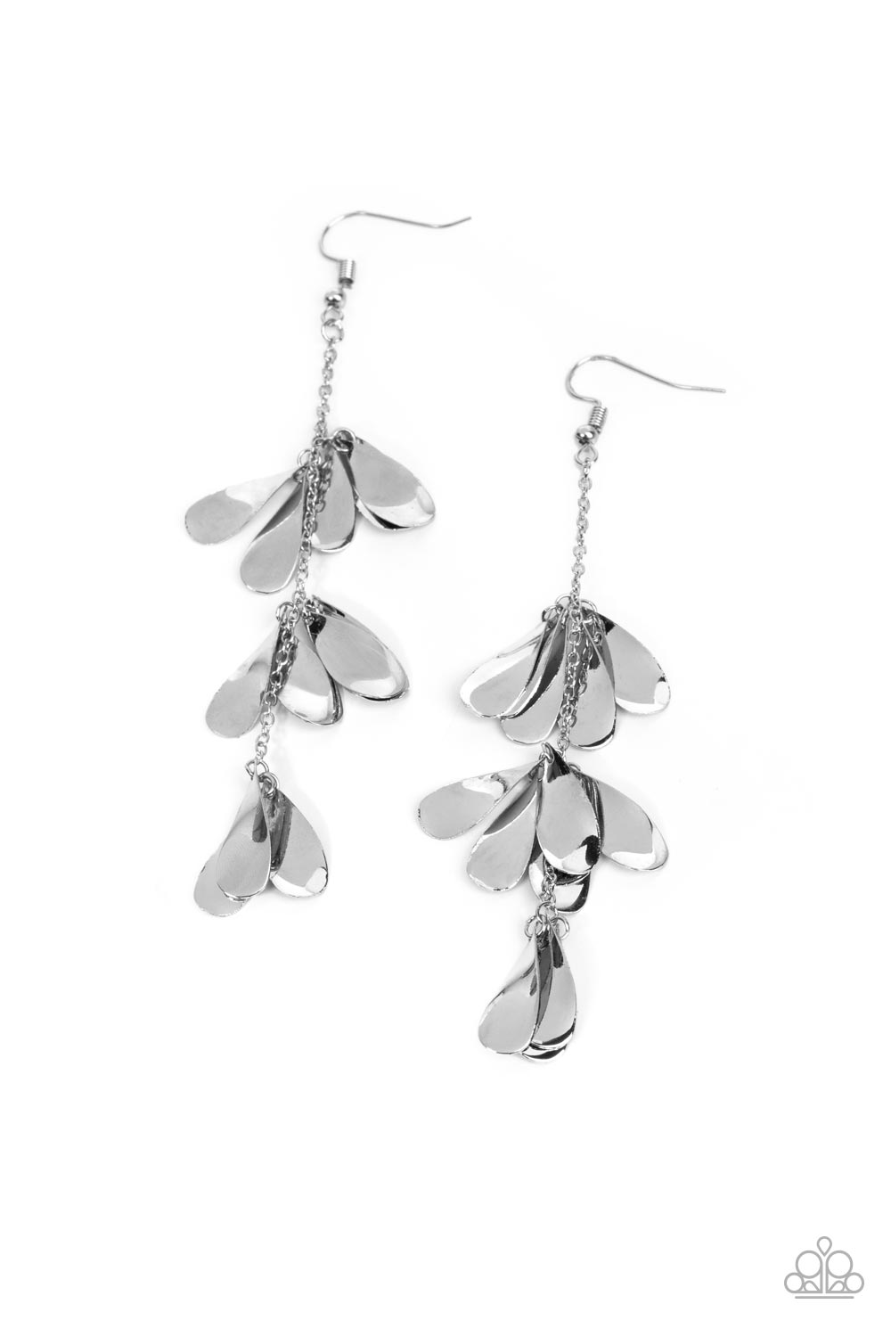 Arrival CHIME - Silver Teardrop Earrings - Paparazzi Accessories - Clusters of shiny silver teardrop discs dangle and spin along a dainty silver chain, creating a shimmery tinkling lure. Earring attaches to a standard fishhook fitting.