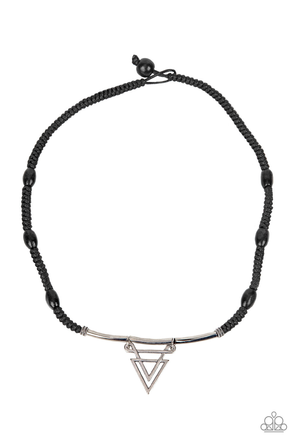 Arrowed Admiral - Black Urban Necklace - Paparazzi Accessories - Black wooden beads are knotted in place along a braided black cord below the collar. Infused with silver rod-like beads, an ornately stacked silver triangular pendant swings from the center for a sharp finish.