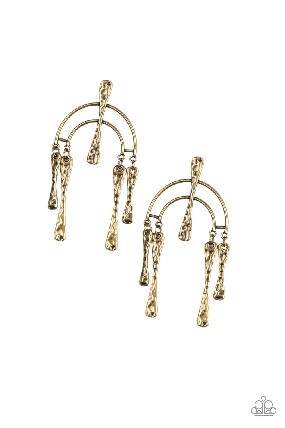ARTIFACTS Of Life - Brass Earrings - Paparazzi Accessories - Hammered bars dangle from the ends of a bowing brass frame, creating an abstract lure. A matching brass bar adorns the center of the frame for a handcrafted finish. Earring attaches to a standard post fitting. Sold as one pair of post earrings.