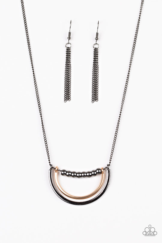 Artificial Arches - Black - Gunmetal and Gold Fashion Necklace - Paparazzi Accessories - A strand of shiny gunmetal beads give way to bowing gold and gunmetal frames, creating an edgy pendant below the collar. Features an adjustable clasp closure. Trendy fashion jewelry for everyone.
