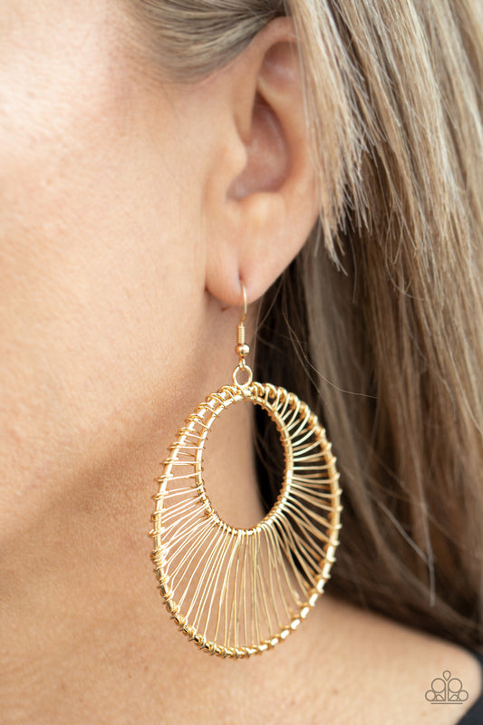 Artisan Applique - Gold Earrings - Paparazzi Accessories - Glistening gold wire wraps around two gold hoops, creating an airy crescent shaped frame for an artisan inspired fashion earrings. 