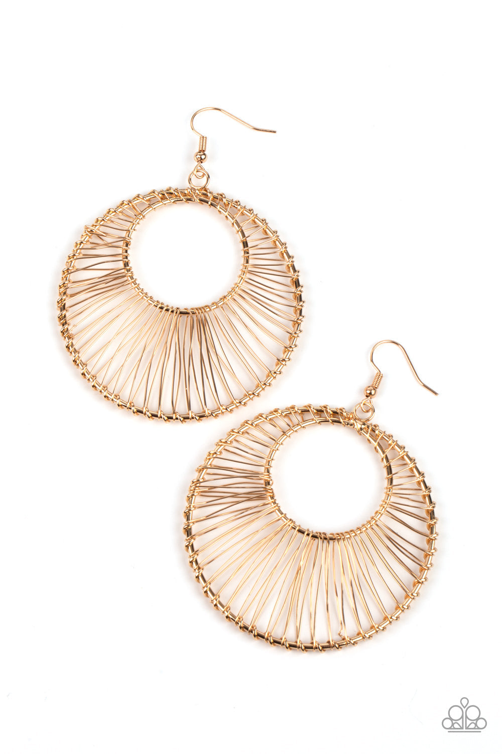 Artisan Applique - Gold Fashion Earrings - Paparazzi Accessories - Glistening gold wire wraps around two gold hoops, creating an airy crescent shaped frame for an artisan inspired fashion earrings.