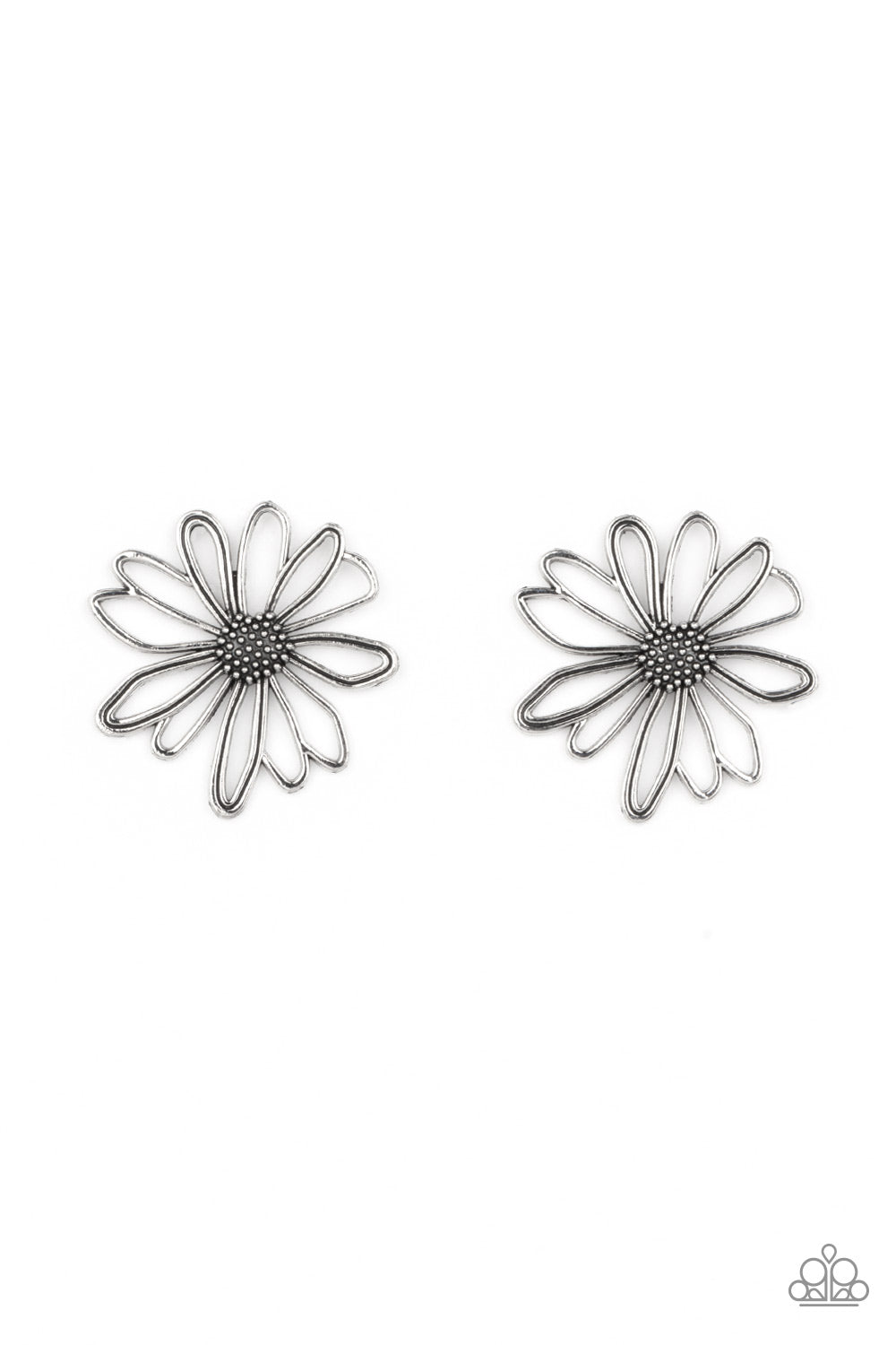 Artisan Arbor Silver Flower Earrings - Paparazzi Jewelry - Bejeweled Accessories By Kristie - Silver petals bloom from a silver center for a rustic flower stylish design earrings. Earring attaches to a standard post fitting.