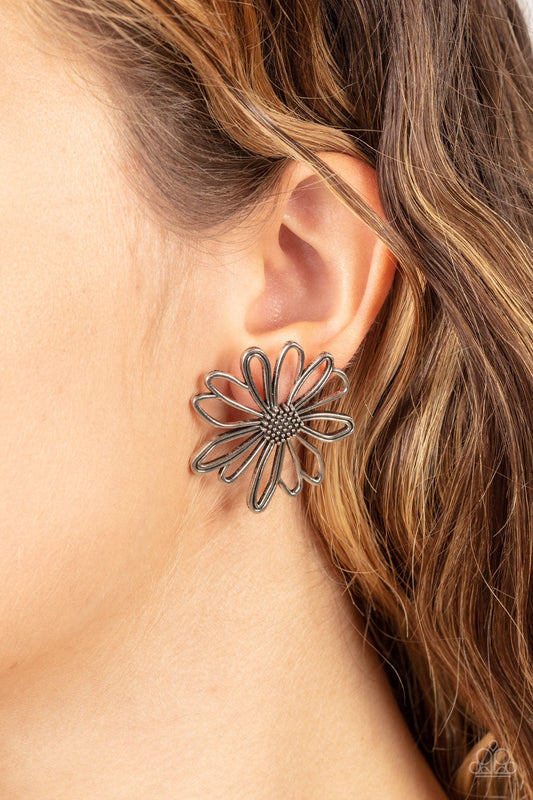 Artisan Arbor - Silver Flower Earrings - Paparazzi Accessories - Silver petals bloom from a silver center for a rustic flower stylish design earrings. Earring attaches to a standard post fitting. Trendy fashion jewelry for everyone.