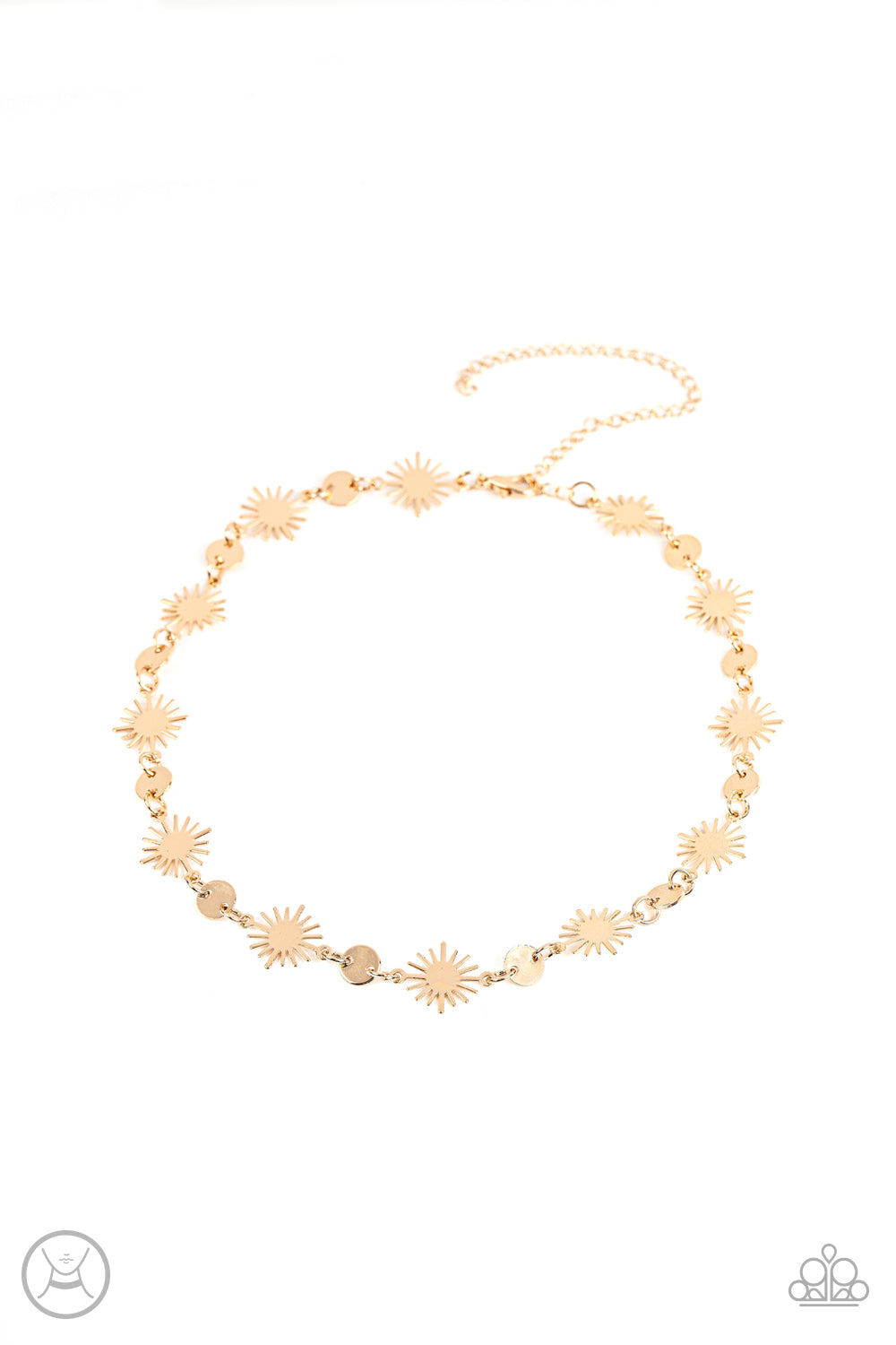 Astro Goddess - Gold Choker Necklace - Paparazzi Accessories - Dainty gold discs delicately alternate with starry gold sunbursts, linking into a celestial centerpiece around the neck. Features an adjustable clasp closure. Sold as one individual choker necklace.