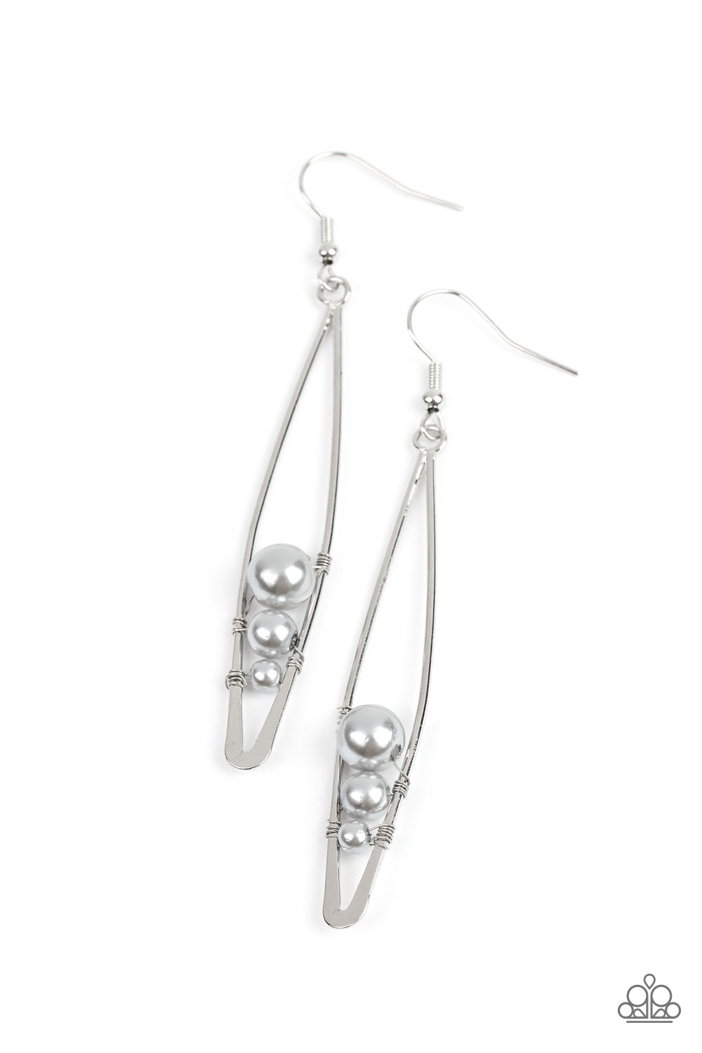 Atlantic Allure - Gray Pearl and Silver Earrings - Threaded along dainty silver wires, shimmery gray pearls decrease in size as they tumble down the bottom of an elongated silver frame for a modern twist.