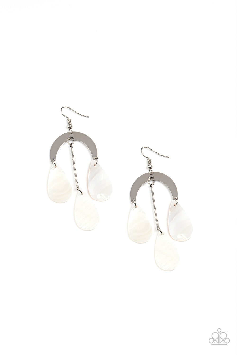 Atlantis Ambience - White and Silver Fashion Earrings - Paparazzi Accessories - White shell-like teardrops trickle from the bottom of a silver rod and silver half moon frame, creating an ocean inspired chandelier. Earring attaches to a standard fishhook fitting.