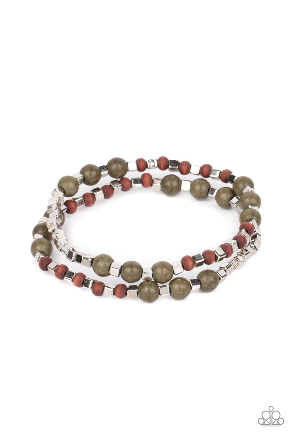 Backcountry Beauty - Green Stone - Wood Bracelets - Paparazzi Accessories -  An earthy assortment of Olive stone, wood, and silver cube beads are threaded along stretchy bands around the wrist, creating a grounding duo. Sold as one pair of bracelets.