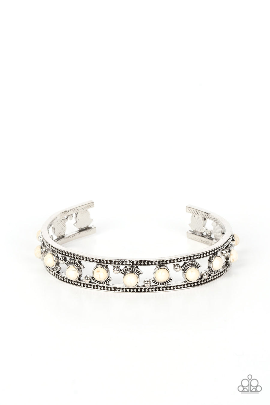Badlands Bliss - White and Silver Bracelet - Paparazzi Accessories - Dainty white stone beads are fitted in place with shiny silver studs and textured silver frames that alternate along the top and bottom of the stone pieces for an artisan inspired fashion bracelet.