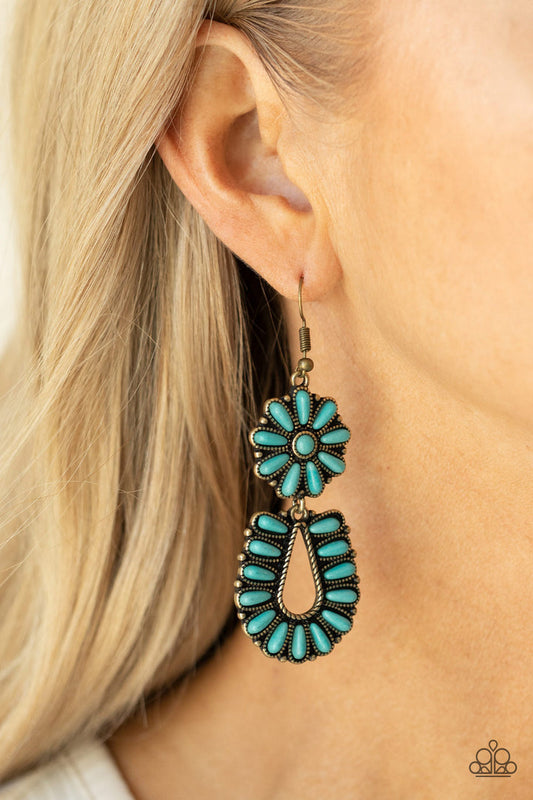 Badlands Eden Brass and Turquoise Earrings - Paparazzi Accessories - two turquoise stone frames connect into a squash blossom for an authentically southwestern inspired look. Earring attaches to a standard fishhook fitting. 