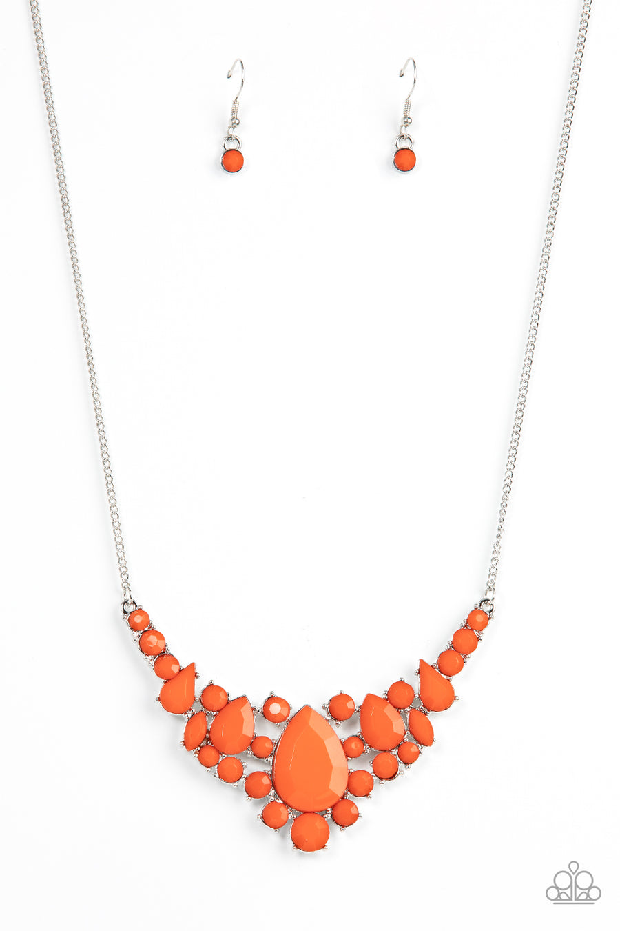 Bali Ballroom - Orange and Silver Necklace - Paparazzi Accessories - A faceted collection of round, teardrop, and marquise style orange beads coalesce around an oversized orange teardrop bead, resulting in a dramatic centerpiece below the collar.