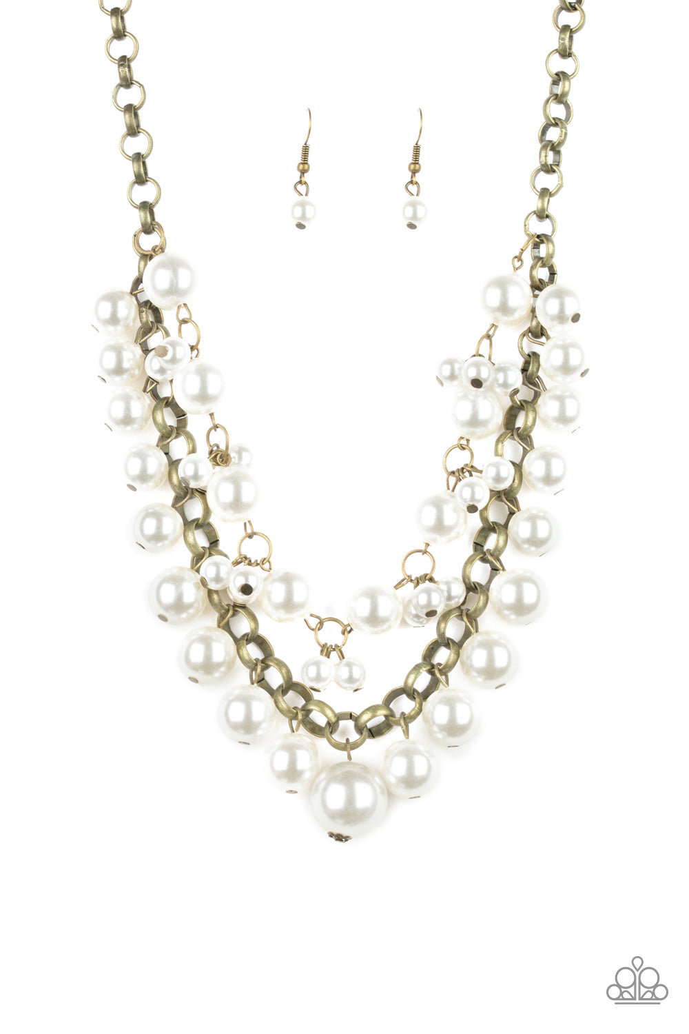BALLROOM Service - Brass and White Pearl Necklace - Paparazzi Accessories - Two rows of mismatched white pearls gorgeously drape below the collar. Featuring oversized brass links and an assortment of pearl sizes, the bubbly strands layer into a dramatic fringe for a modern timelessness. Features an adjustable clasp closure. Sold as one individual necklace.