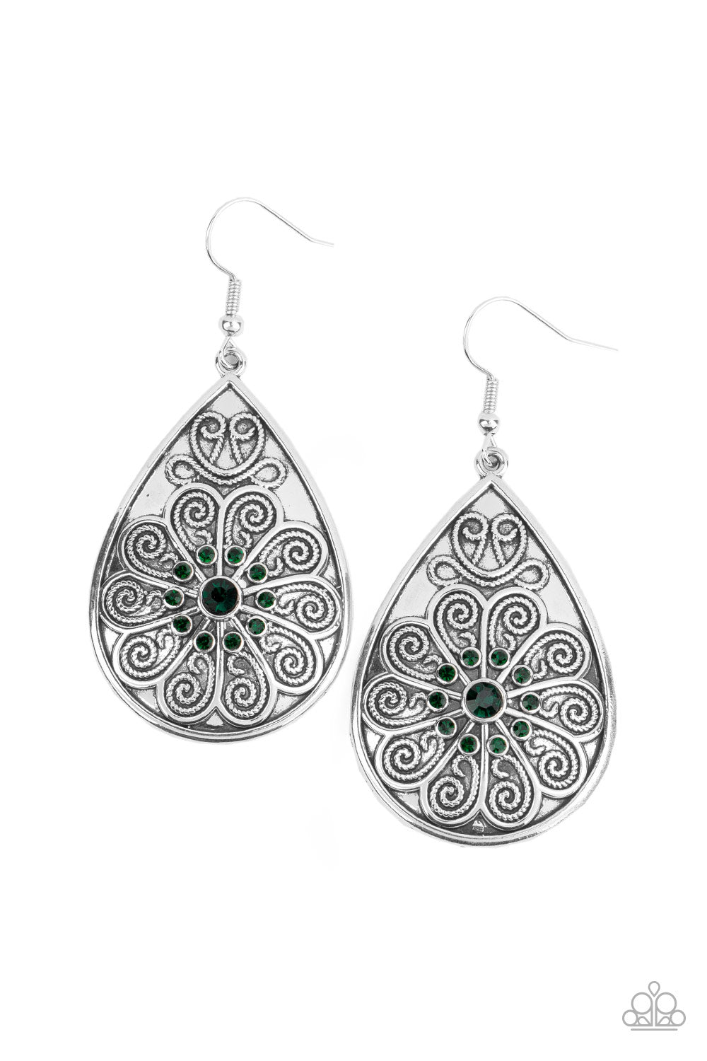 Banquet Bling - Green and Silver Earrings - Paparazzi Accessories - Embossed in a frilly floral pattern, a green rhinestone dotted silver teardrop swings from the ear for a whimsical fashion. Earring attaches to a standard fishhook fitting. Sold as one pair of earrings.
