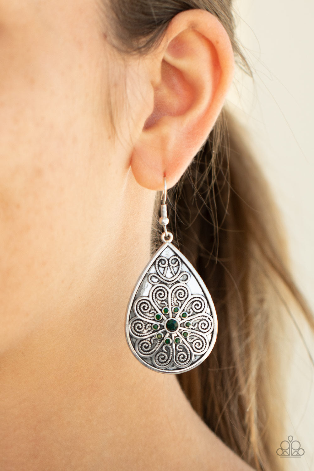 Banquet Bling - Green and Silver Earrings - Paparazzi Accessories - Embossed in a frilly floral pattern, a green rhinestone dotted silver teardrop swings from the ear for a whimsical fashion. Earring attaches to a standard fishhook fitting. Sold as one pair of earrings.