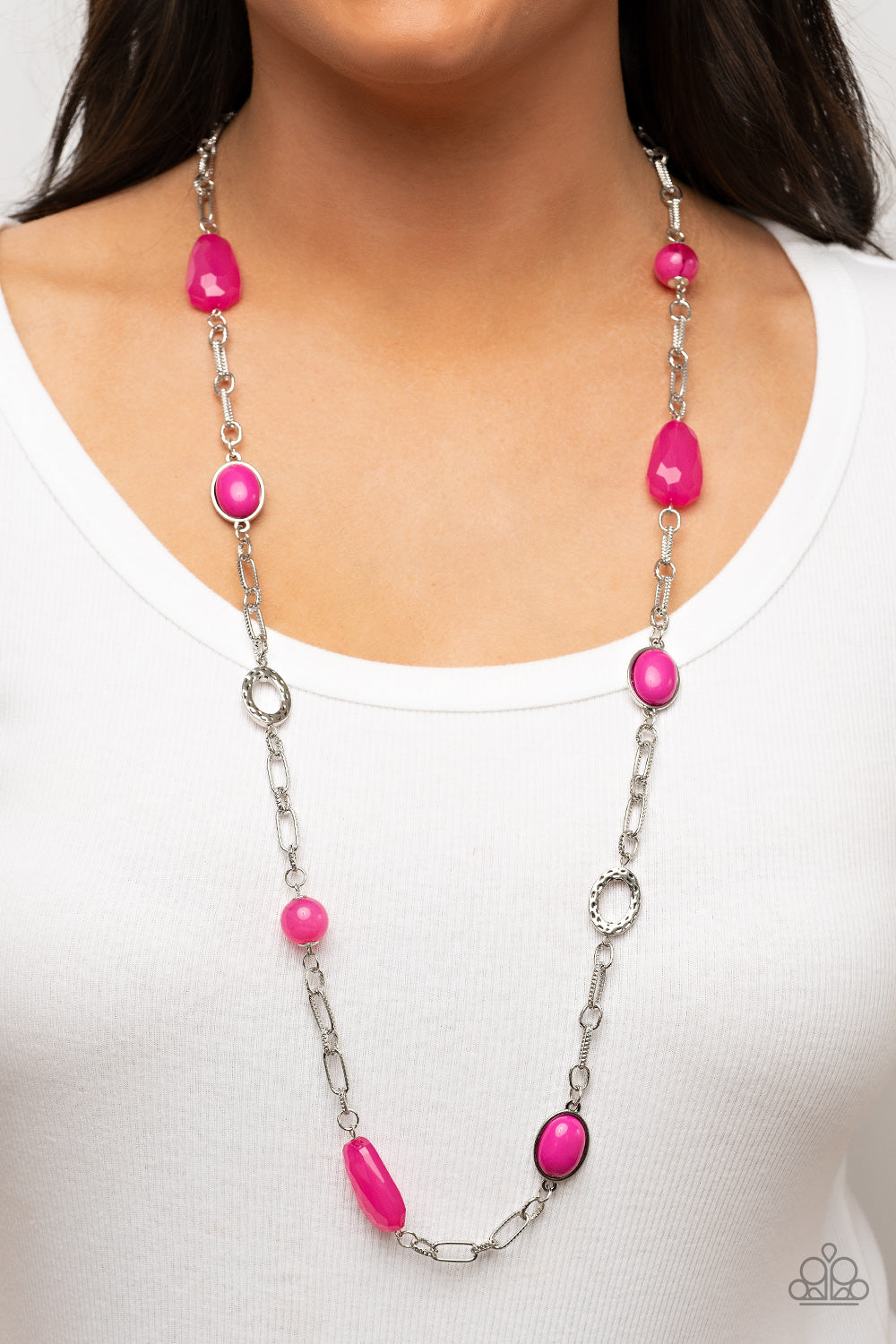 Barcelona Bash - Fuchsia Pink Necklace - Paparazzi Accessories - Featuring acrylic, faceted, and glassy finishes, a refreshing assortment of Fuchsia Fedora beads and gems join hammered silver discs along oversized textured links across the chest for a playful splash of color.