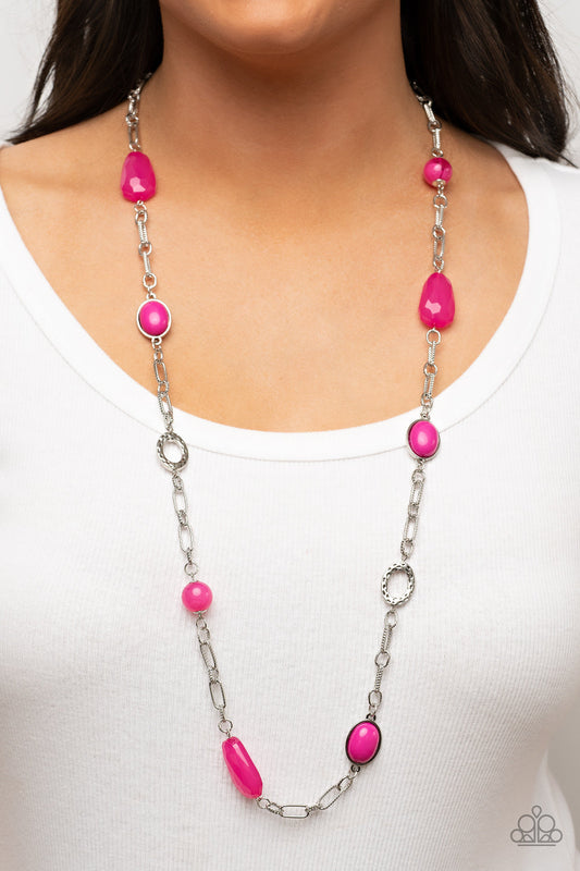 Barcelona Bash - Fuchsia Pink Necklace - Paparazzi Accessories - Featuring acrylic, faceted, and glassy finishes, a refreshing assortment of Fuchsia Fedora beads and gems join hammered silver discs along oversized textured links across the chest for a playful splash of color.