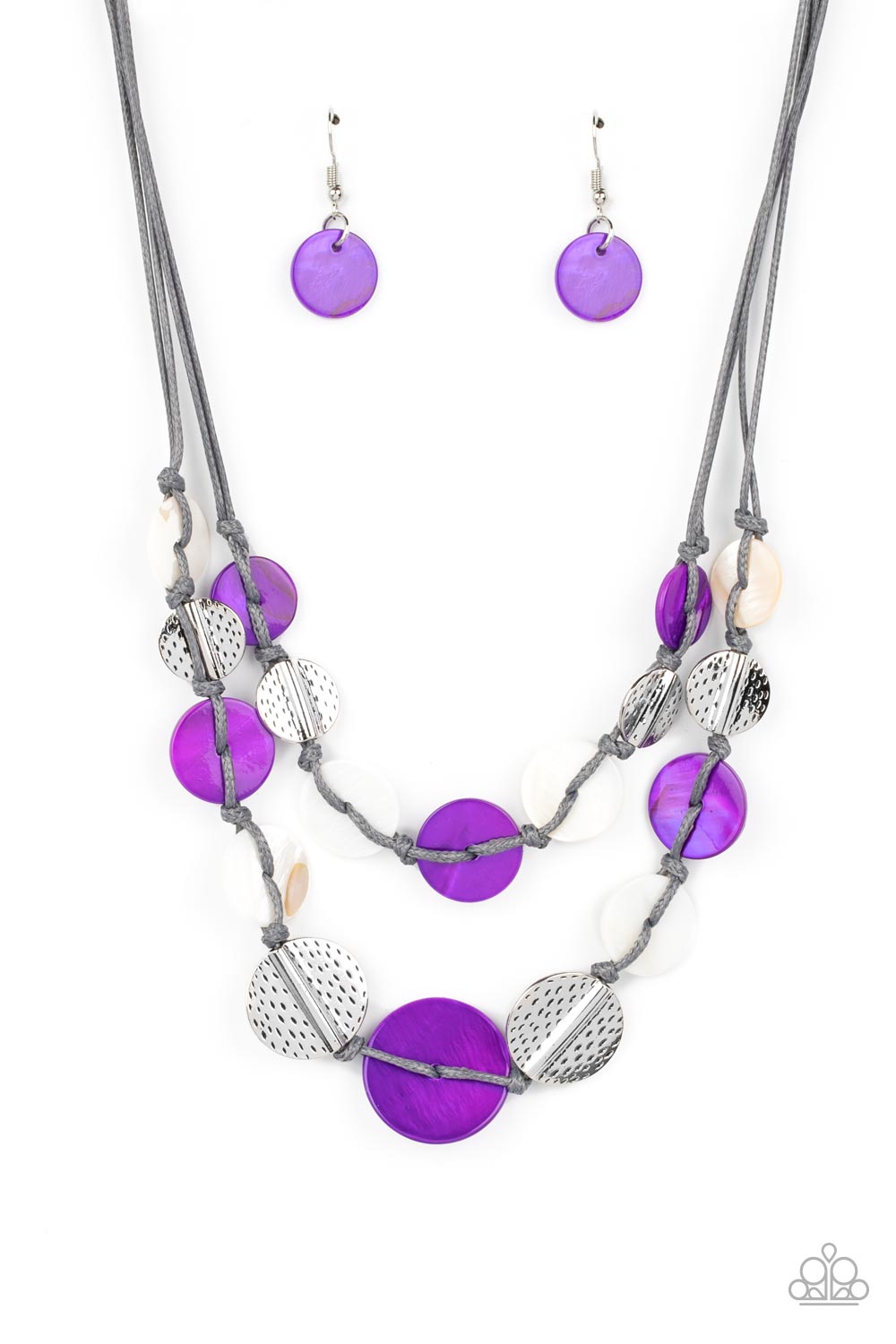 Barefoot Beaches - Purple Shell Necklace - Paparazzi Accessories - Vibrant purple and white shells interlace with silver dotted, hammered discs to create a refined pop of color. Held together by soft gray cording, this piece will blend in with beaches near you!