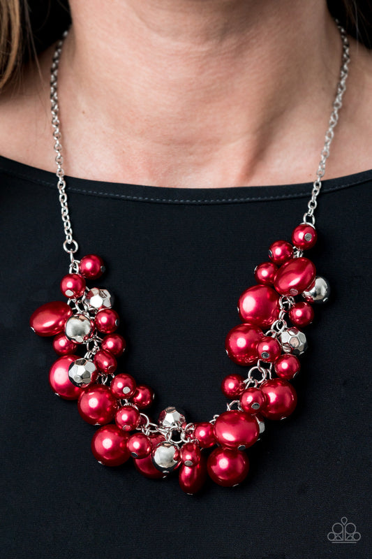 Battle of the Bombshells - Red and Silver Fashion Necklace - Paparazzi Accessories - Sprinkled with faceted and shiny silver beaded accents, a bubbly collection of round, oval, and flat red pearls cluster below the collar for a statement-making finish. Features an adjustable clasp closure. Sold as one individual necklace.