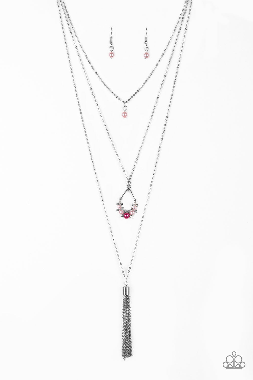 Be Fancy - Pink - Red and Silver Necklace - Paparazzi Accessories - A solitaire pink pearl swings from the uppermost chain, giving way to a teardrop pendant and shimmery silver chain tassel. Dainty white rhinestones and pink pearls collect at the bottom of the centermost pendant for a glamorous finish. Features an adjustable clasp closure. Sold as one individual necklace.