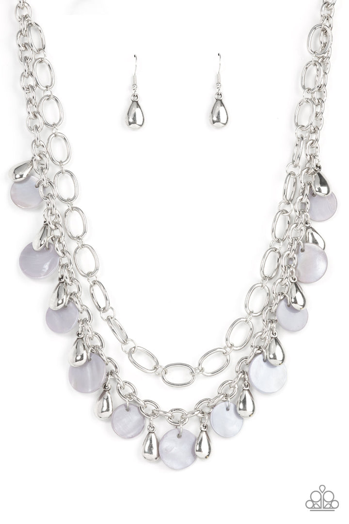 Beachfront Fabulous - Silver Fashion Necklace - Paparazzi Accessories - A pair of mismatched chunky silver chains layer below the collar. Shiny silver teardrop beads and gray shell-like discs dance from the bottom of the lowermost chain, creating a tropical inspired fringe necklace.