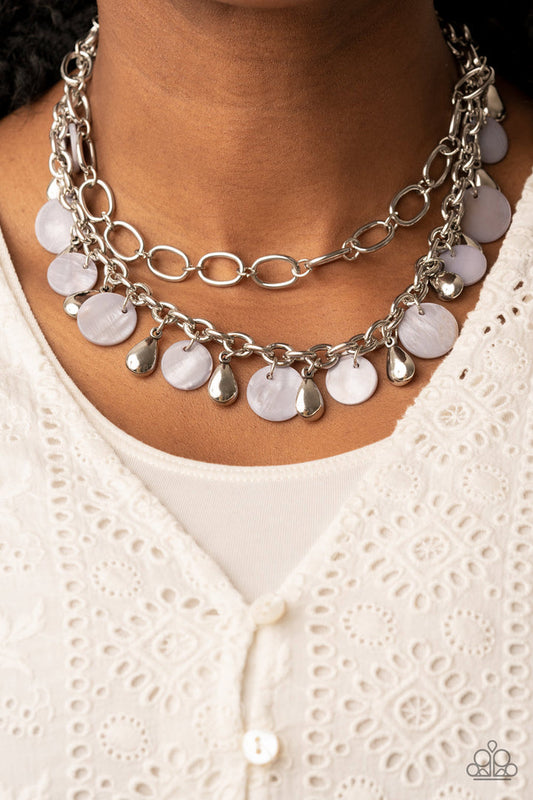 Beachfront Fabulous - Silver Fashion Necklace - Paparazzi Accessories - A pair of mismatched chunky silver chains layer below the collar. Shiny silver teardrop beads and gray shell-like discs dance from the bottom of the lowermost chain, creating a tropical inspired fringe necklace.