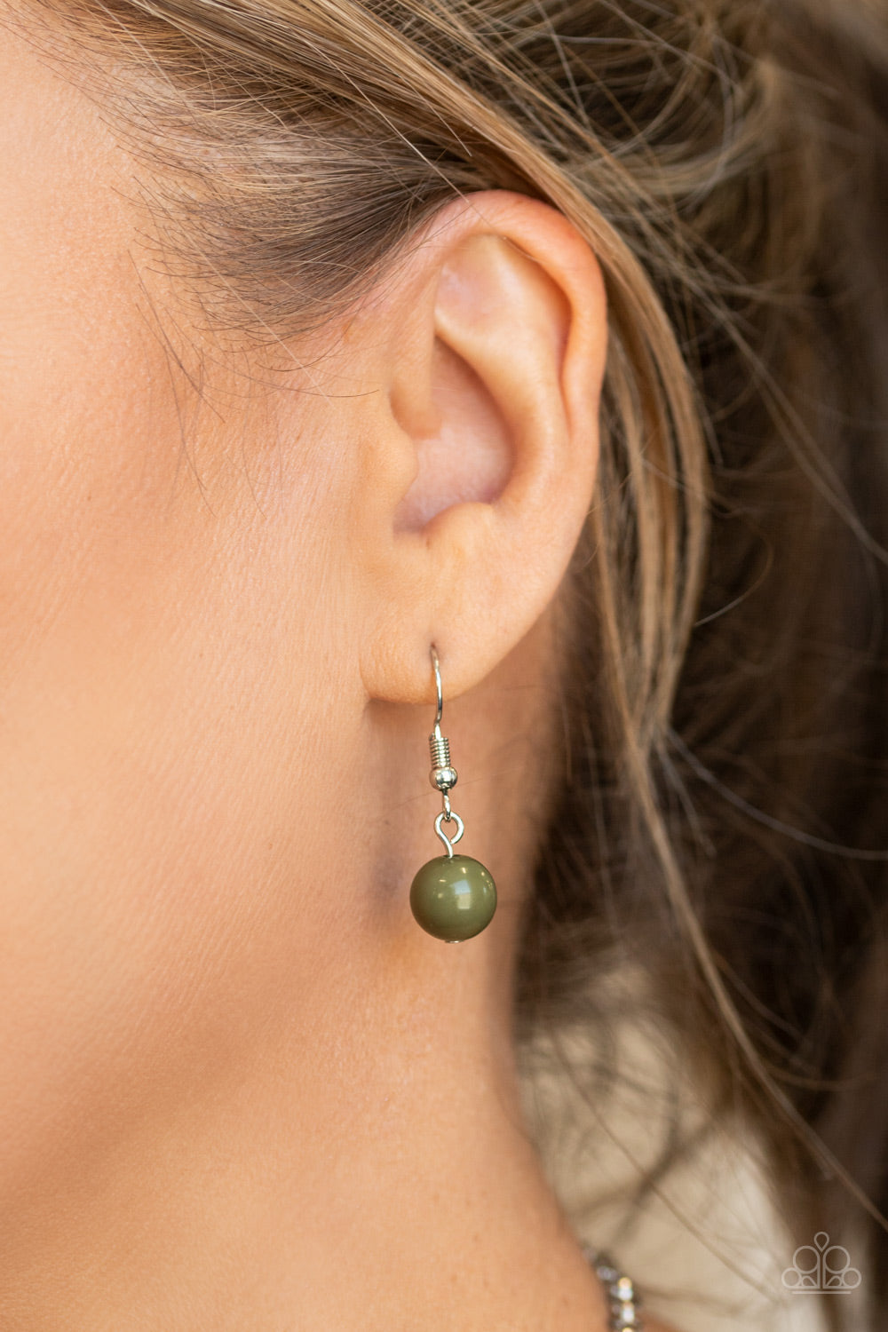 Beachside Babe - Green and Silver Necklace - Paparazzi Accessories - Featuring earthy green beads and shimmery silver hoops, mismatched silver chains layer down the chest for a seasonal look. Features an adjustable clasp closure. Sold as one individual necklace. Includes one pair of matching earrings.