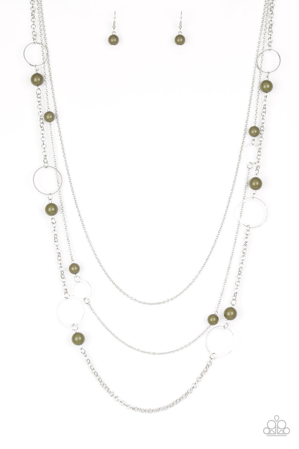 Beachside Babe - Green and Silver Fashion Necklace - Paparazzi Accessories - Featuring earthy green beads and shimmery silver hoops, mismatched silver chains layer down the chest for a seasonal look. Features an adjustable clasp closure. Sold as one individual necklace.