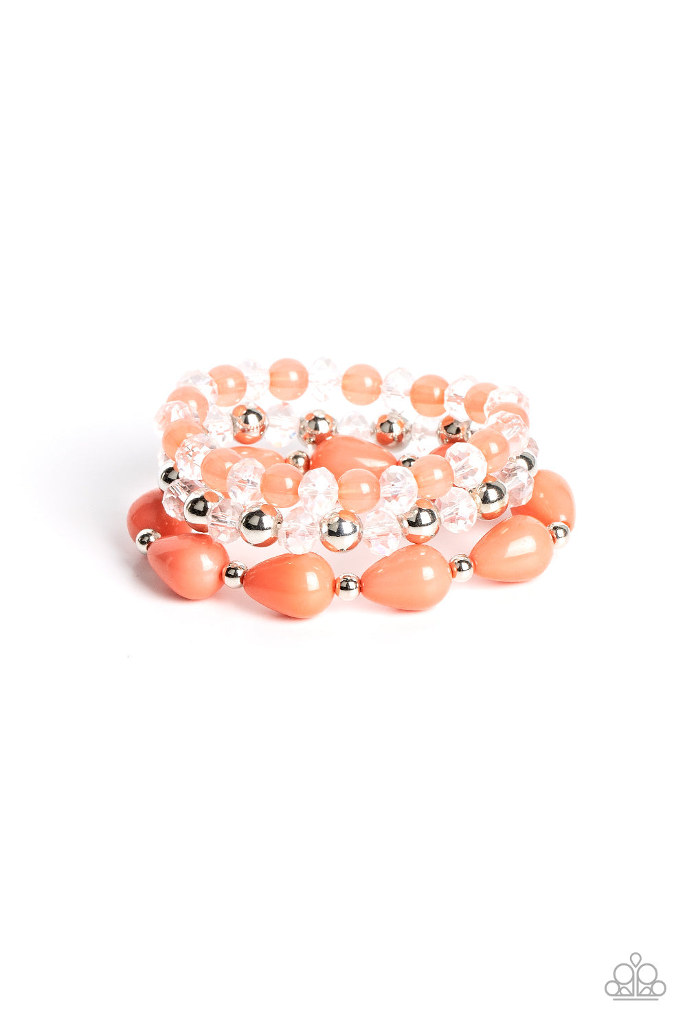 Beachside Brunch - Orange - Coral and Silver Stretchy Bracelets - Assortment of crystal-like beads, silver beads, opaque coral beads, and coral teardrop beads are threaded along stretchy bands around the wrist, resulting in colorful layers.