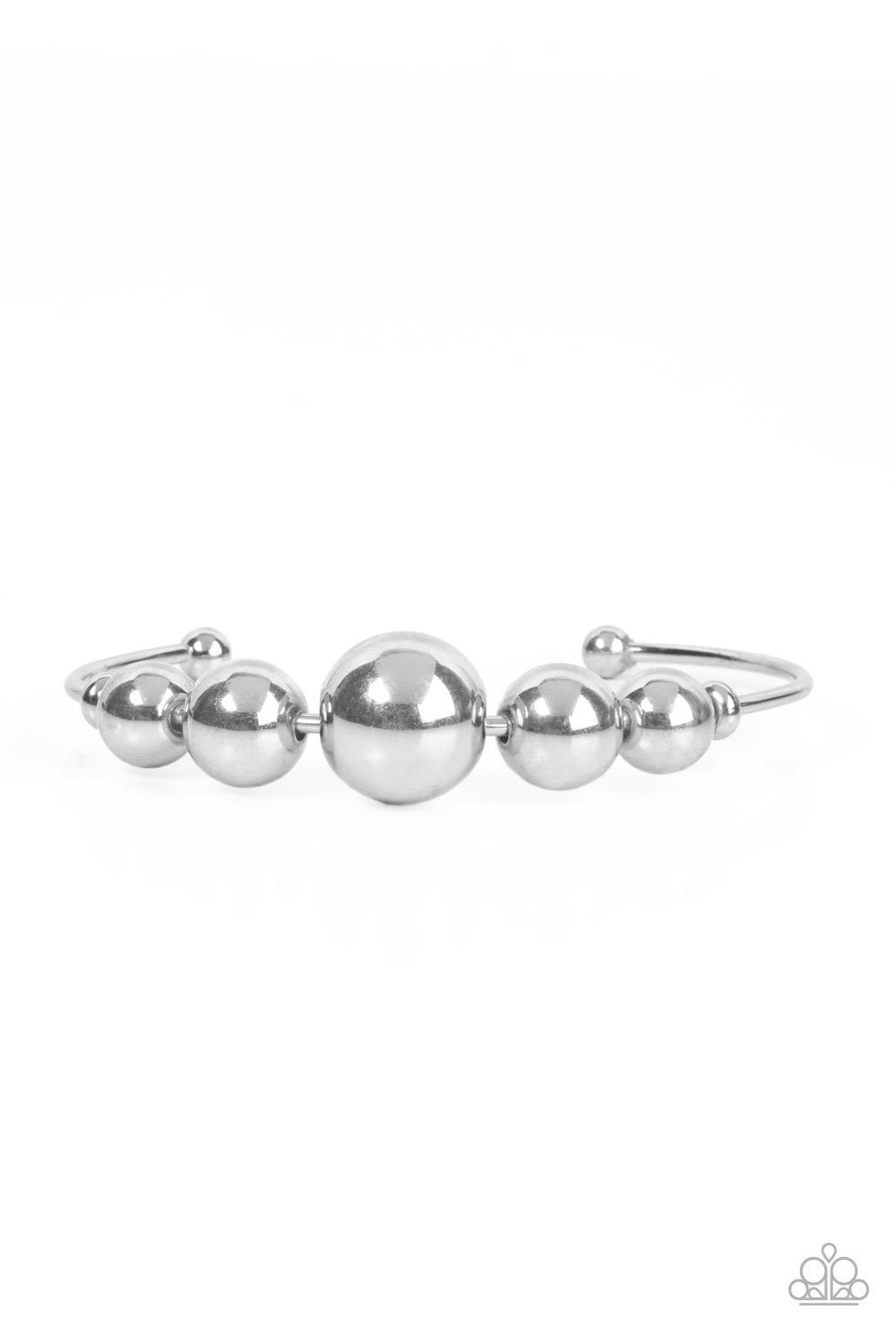 Bead Creed - Shiny Silver Cuff Bracelet - Paparazzi Accessories - Oversized collection of shiny silver beads are threaded along a dainty silver cuff for a dramatic industrial fashion bracelet.