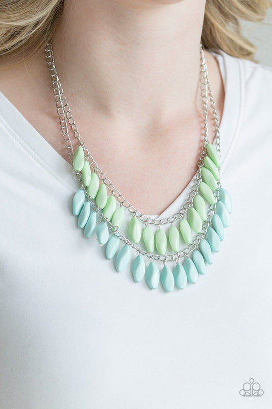 Beaded Boardwalk - Blue and Green Necklace - Paparazzi Accessories - A row of faceted green beads swings above a row of faceted blue beads, creating a refreshing double fringe below the collar. Features an adjustable clasp closure. Sold as one individual necklace.