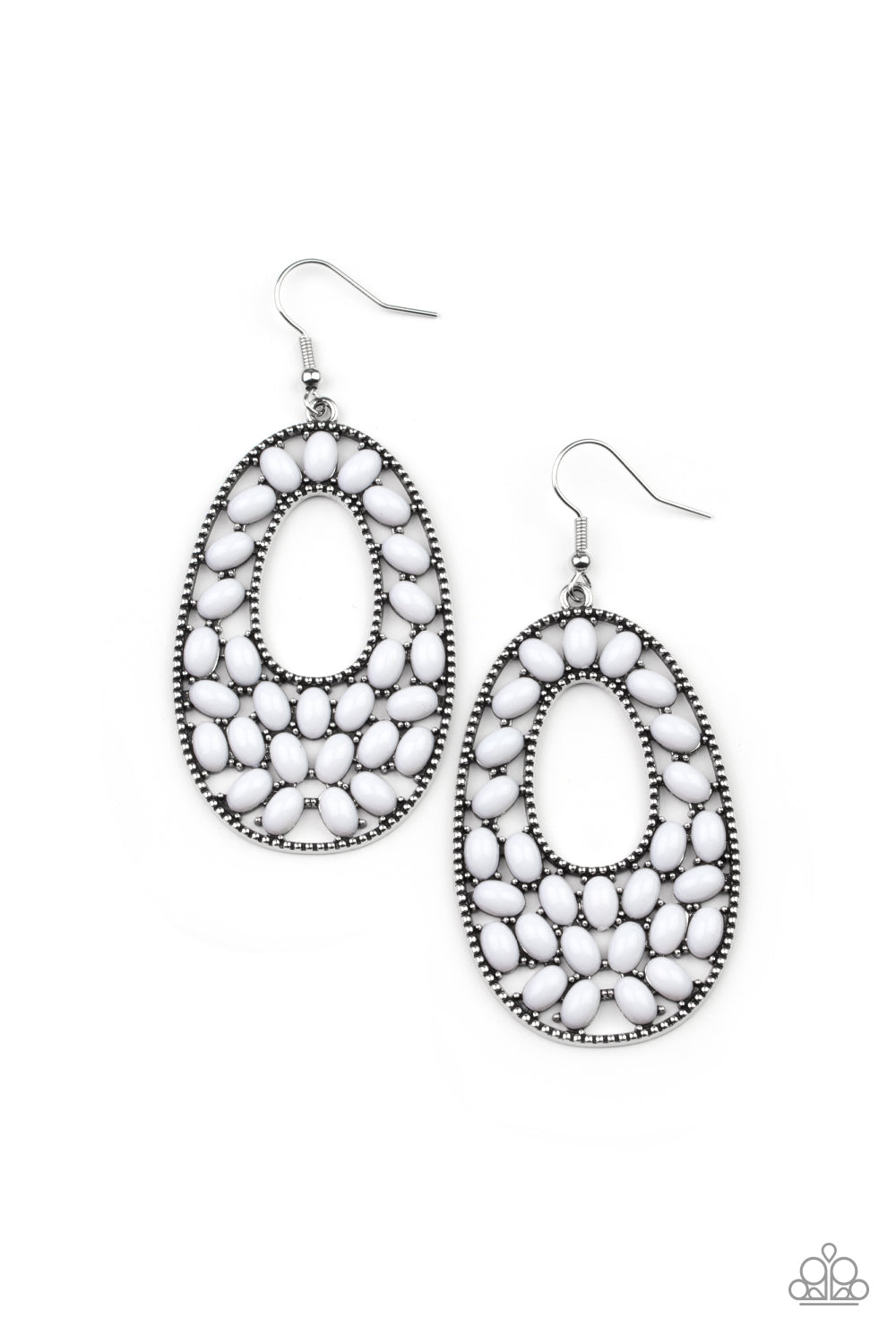 ​Beaded Shores - White and Silver Fashion Earrings - Paparazzi Accessories - A collection of oval white beads collect inside a studded silver oval frame, creating a bright pop of color. Earring attaches to a standard fishhook fitting. Sold as one pair of earrings.