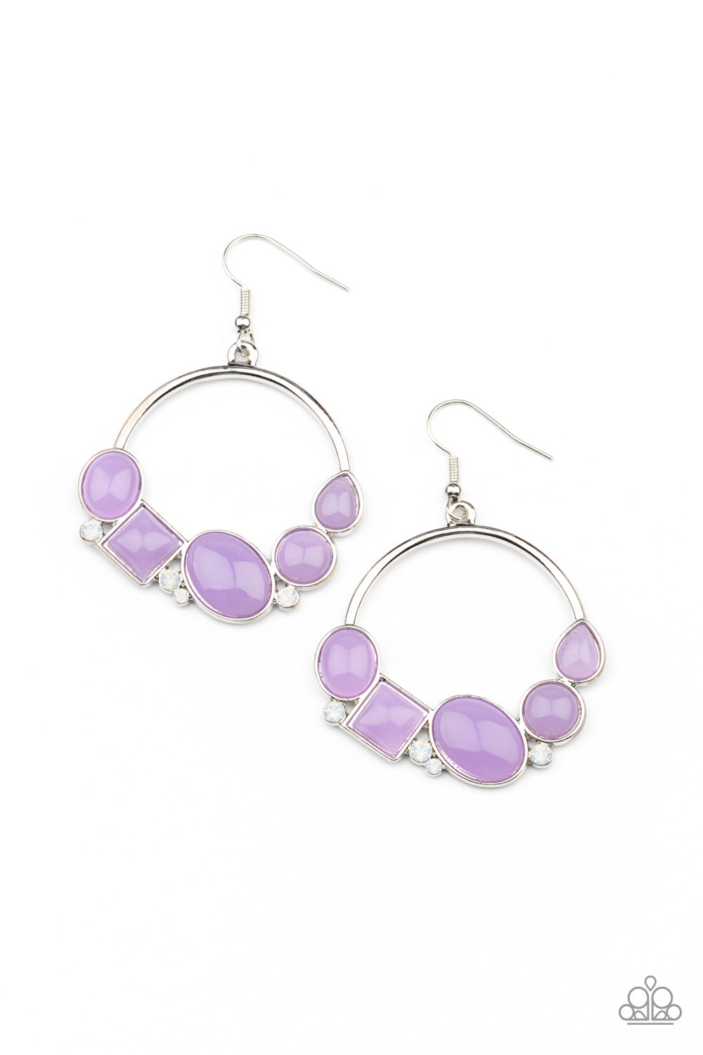 Beautifully Bubblicious - Purple and Silver Earrings - Paparazzi Jewelry  - Bejeweled Accessories By Kristie - Dainty opalescent white rhinestones are sprinkled between dewy oval, square, and circular purple beads along the bottom of a silver hoop, creating a bubbly pop of color. Earring attaches to a standard fishhook fitting. Sold as one pair of earrings.
