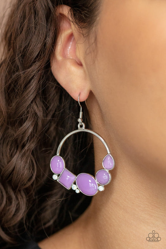 Beautifully Bubblicious - Purple and Silver Earrings - Paparazzi Accessories - Dainty opalescent white rhinestones are sprinkled between dewy oval, square, and circular purple beads along the bottom of a silver hoop, creating a bubbly pop of color. Earring attaches to a standard fishhook fitting. Sold as one pair of earrings.