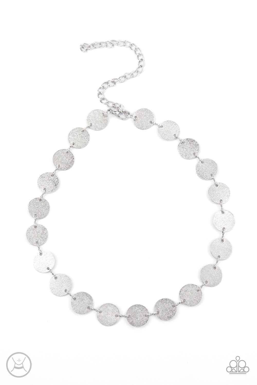 Reflection Detection - Silver Choker Necklace - Paparazzi Accessories - Hammered in shimmery detail, a shiny collection of dainty silver discs delicately link into a blinding display around the neck. Features an adjustable clasp closure. Sold as one individual choker necklace.