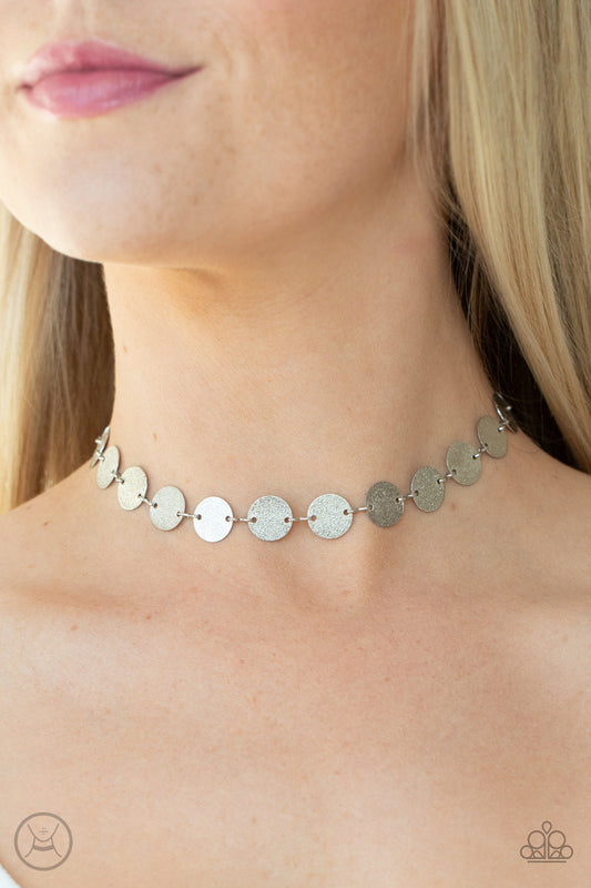 Reflection Detection - Silver Choker Necklace - Paparazzi Accessories - Hammered in shimmery detail, a shiny collection of dainty silver discs delicately link into a blinding display around the neck. Features an adjustable clasp closure. Sold as one individual choker necklace.