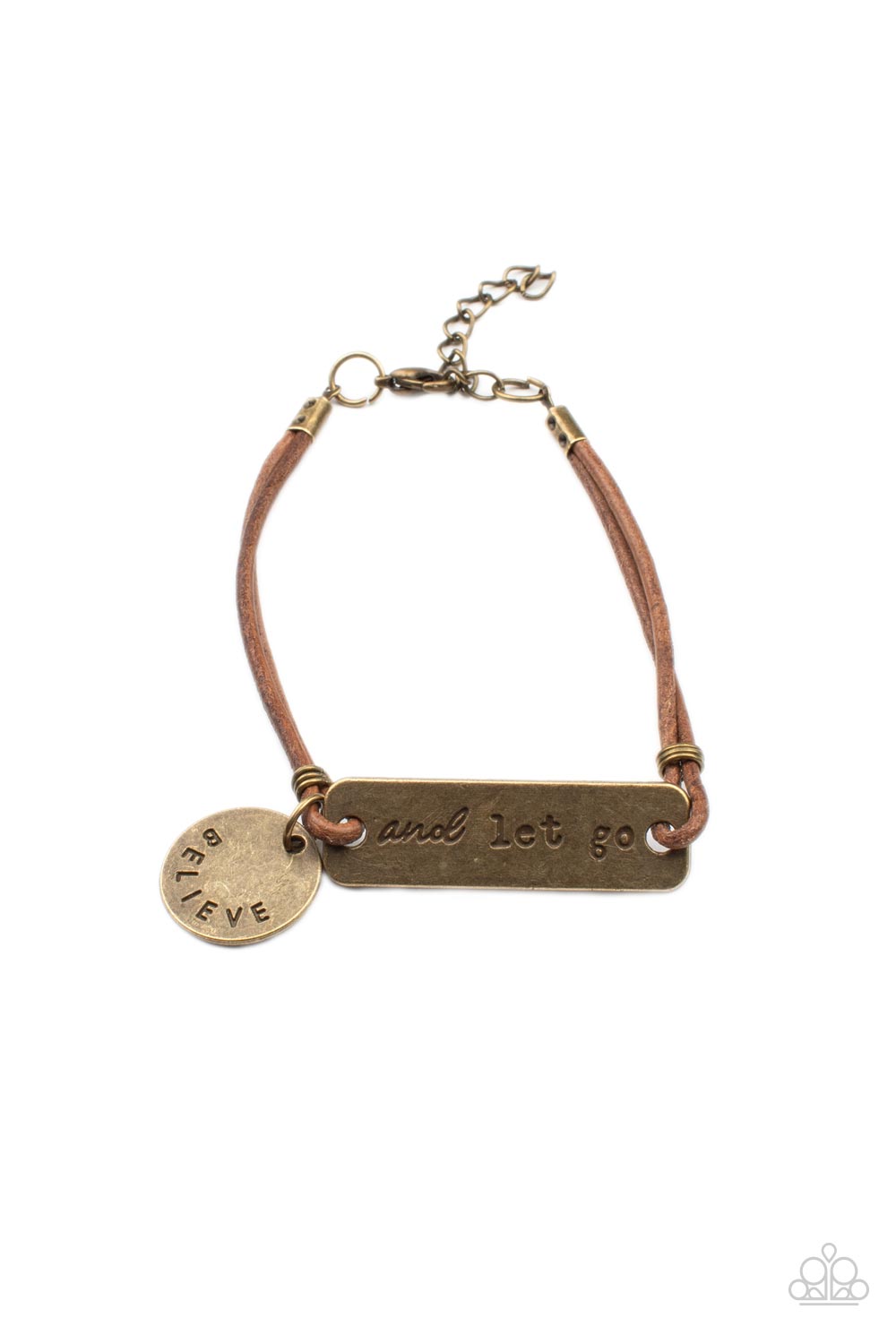 ​Believe and Let Go - Brass Suede Bracelet - Paparazzi Accessories - 
An antiqued disc stamped in the word, "believe" and a brass plate stamped in the phrase, "and let go," are knotted in place around the wrist with layers of brown suede cording, creating a motivational centerpiece. Features an adjustable clasp closure. Sold as one individual bracelet.
