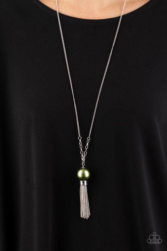 Belle Of The BALLROOM - Green and Silver Necklace - Paparazzi Accessories - A dramatic pearly green bead swings from the bottom of an elegantly elongated silver chain. Featuring a hammered fitting, a silver tassel streams from the bottom of the colorful pendant for a whimsical finish. Features an adjustable clasp closure. Sold as one individual necklace.