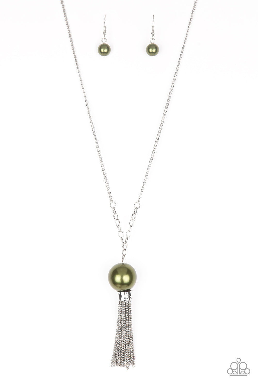 Belle Of The BALLROOM - Green and Silver Necklace - Paparazzi Accessories - A dramatic pearly green bead swings from the bottom of an elegantly elongated silver chain. Featuring a hammered fitting, a silver tassel streams from the bottom of the colorful pendant for a whimsical finish. Features an adjustable clasp closure. Sold as one individual necklace.
