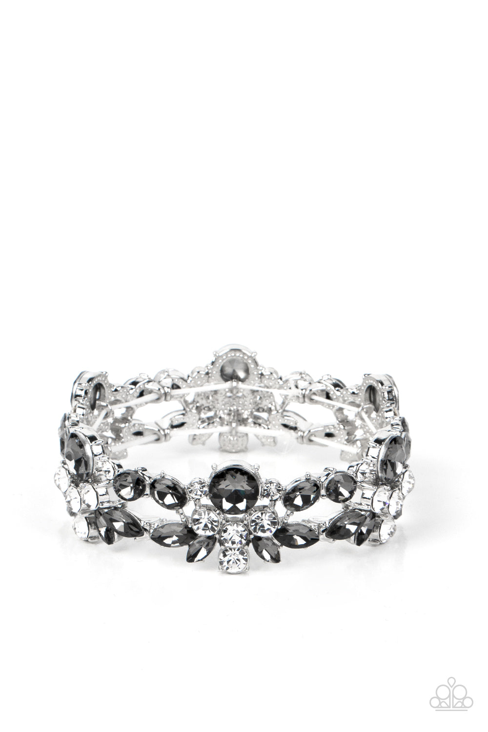 Beloved Bling - Silver Rhinestone Bracelet - Paparazzi Accessories - Crowned with a smoky rhinestone, stacks of classic white and smoky marquise cut rhinestones coalesce into scintillating clusters. The glassy clusters are threaded along stretchy bands creating a dazzling display around the wrist. Sold as one individual bracelet.