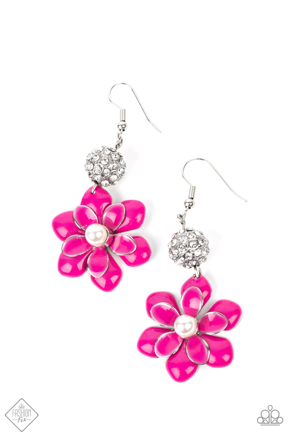 Bewitching Botany - Pink Flower Earrings - Paparazzi Accessories - A sparkle-infused silver bead anchors a bright pink flower with a white pearl drop center. The layers of petals are accented by subtle silver borders, highlighting the handcrafted features of the design. Earring attaches to a standard fishhook fitting. Sold as one pair of earrings.