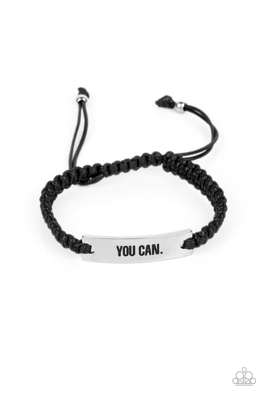 Beyond Belief - Black and Silver Urban Bracelet - Paprazzi Accessories - Thick black cording is woven together, wrapping around the wrist and connecting to a rectangular plate of silver. The phrase "You Can." is stamped into the center of the silver plate, adding a bold message of encouragement to the casual design.