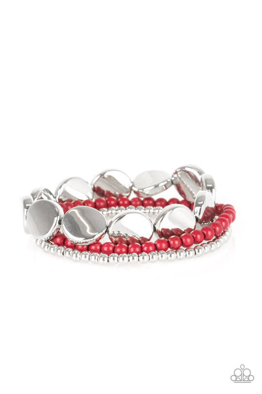 Beyond The Basics - Red and Silver Fashion Bracelets - Paparazzi Accessories - Silver and red beads and round silver accents are threaded along stretchy bands, creating colorful stylish bracelet.