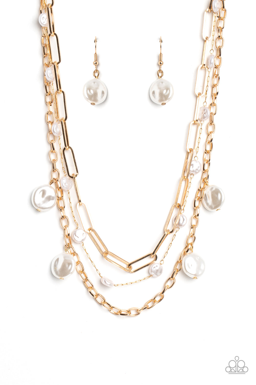 Blissful Ballad - Gold Pearl Necklace - Paparazzi Accessories - Infused with a dainty gold chain, flattened baroque pearls sporadically trickle along shimmery gold paperclip chains in varying sizes, creating refined layers down the chest. Sporadically hanging from the daintier paperclip chain, oversized pearls in the same flattened finish create additional light-reflecting sheen. Features an adjustable clasp closure.