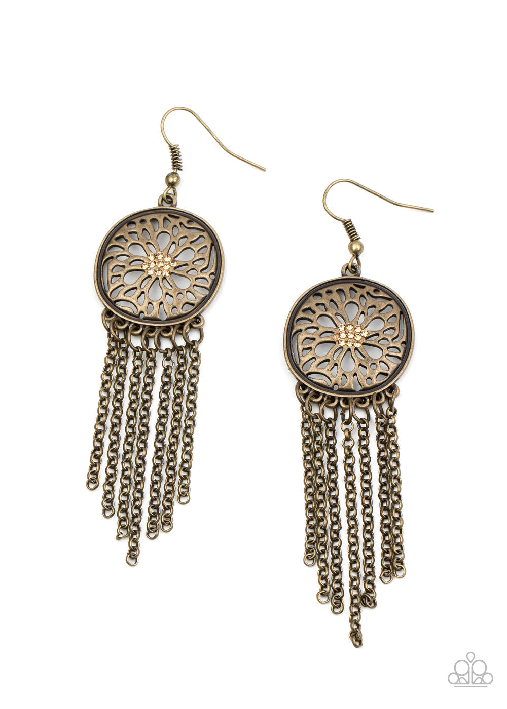 Blissfully Botanical - Brass Floral Earrings - Paparazzi Accessories - Dotted with dainty topaz rhinestones, an antiqued brass floral frame gives way to a fringe of dainty brass chains, creating a whimsically tasseled look. Earring attaches to a standard fishhook fitting. Sold as one pair of earrings.