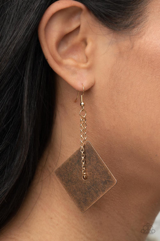 Block Party Posh - Copper Earrings - Paparazzi Accessories - A dainty chain is threaded through the center of a flat square antiqued copper frame, looping into an edgy lure.