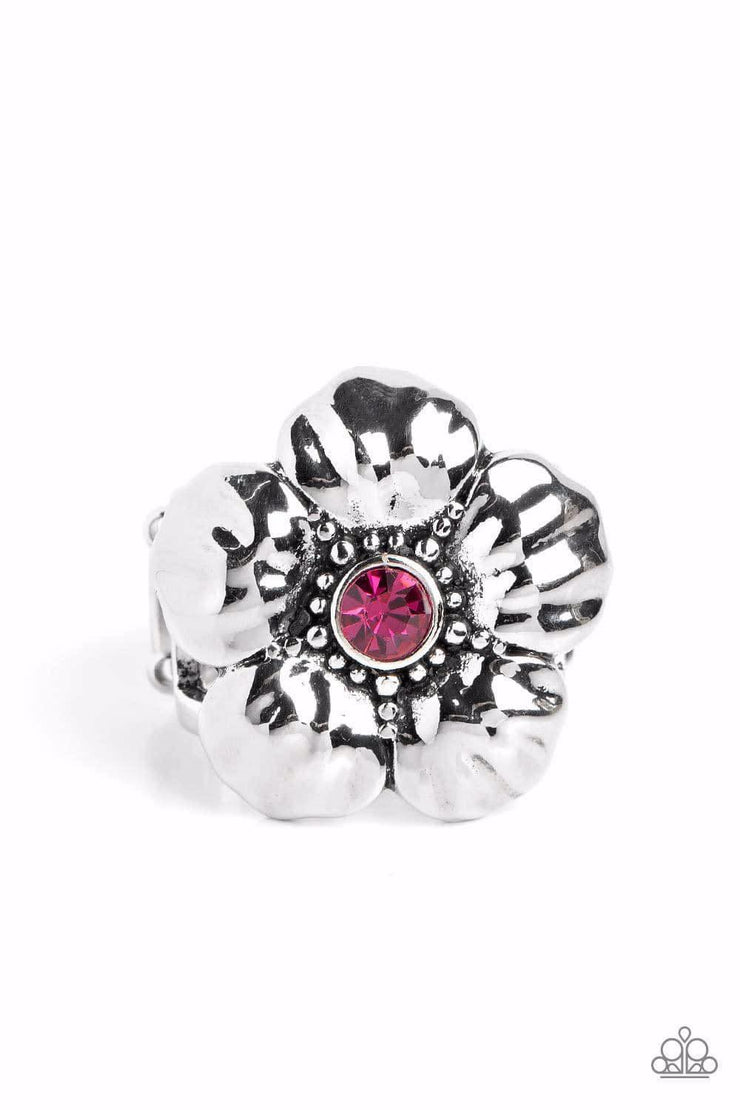 Bloom Bloom Pow - Pink Floral - Silver Ring - Paparazzi Accessories - Dotted with dainty silver studs and a dainty fuchsia rhinestone center, folds of shiny silver curl into an oversized tropical flower for a whimsical dash of island inspiration atop the finger.