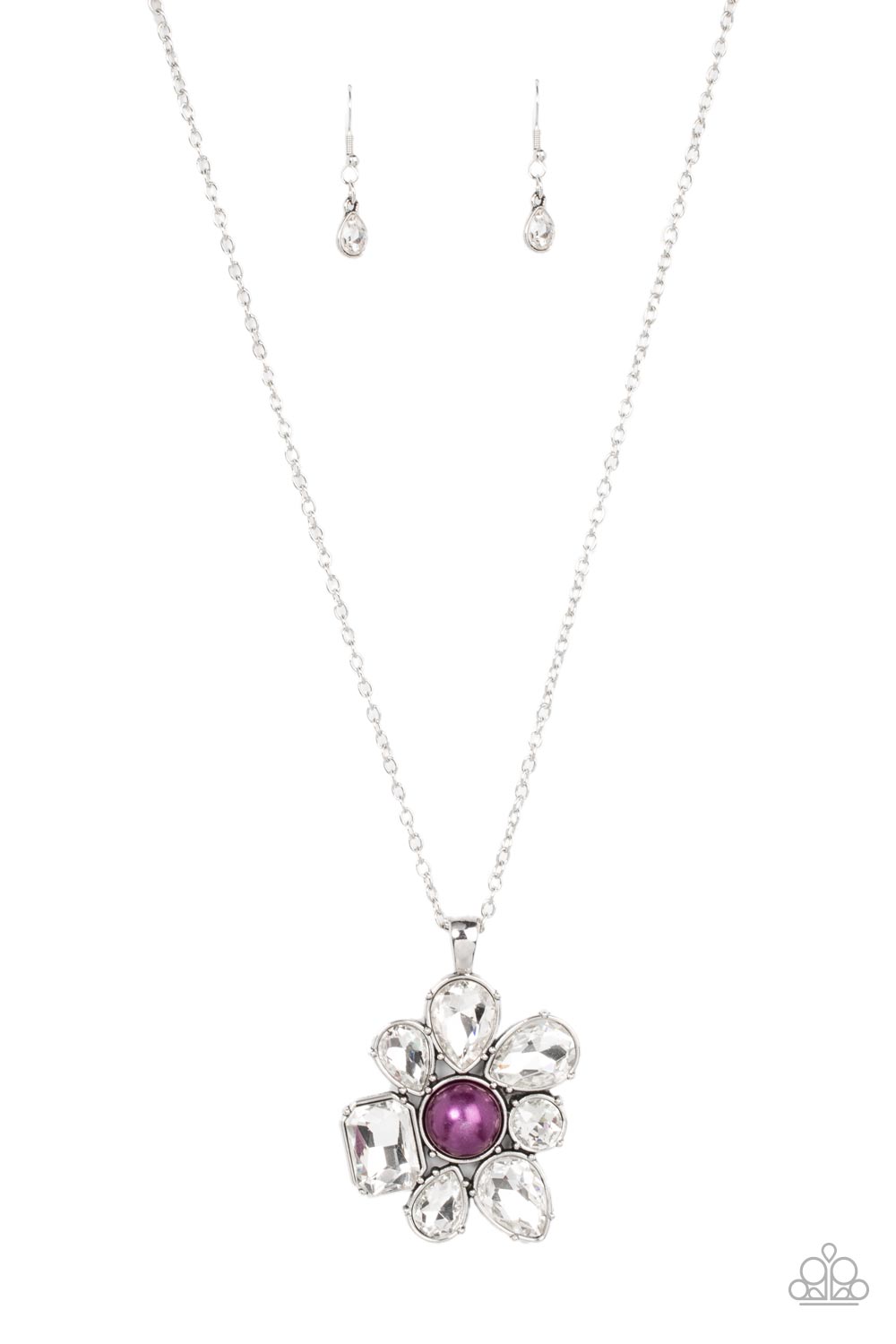 BLOOM Shaka-Laka - Purple Pearl - Silver Floral Necklace - Paparazzi Accessories - Encased in pronged silver fittings, a mismatched collection of oversized teardrop, round, and emerald cut rhinestones asymmetrically blooms from a bubbly purple pearl drop center for a surprisingly sparkly floral pendant at the bottom of a silver chain.