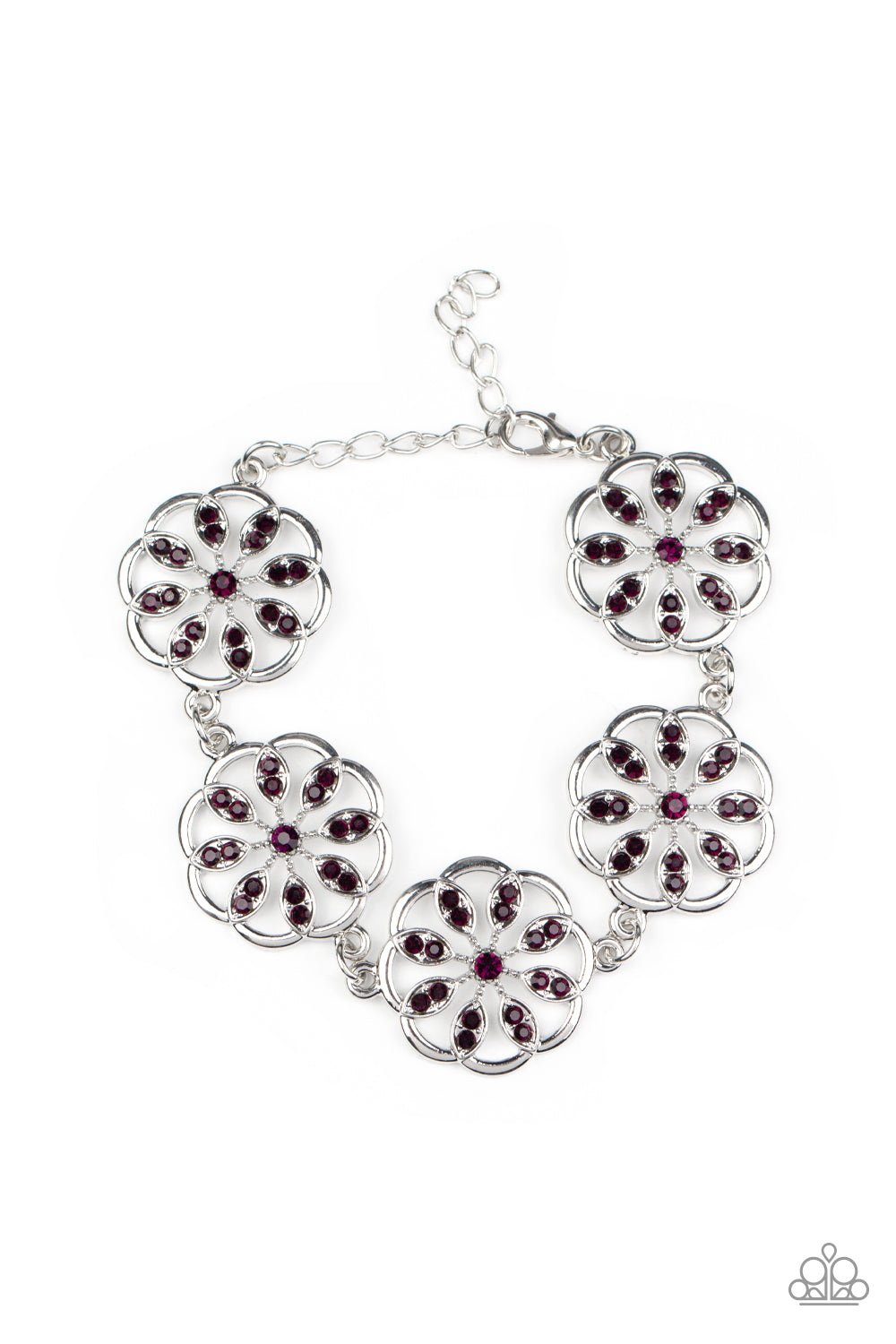 Blooming Bling - Purple Floral - Silver Bracelet - Paparazzi Accessories - 
Adorned with purple rhinestone floral accents, scalloped silver frames delicately link around the wrist for a sparkly seasonal fashion. Features an adjustable clasp closure. Sold as one individual bracelet.
