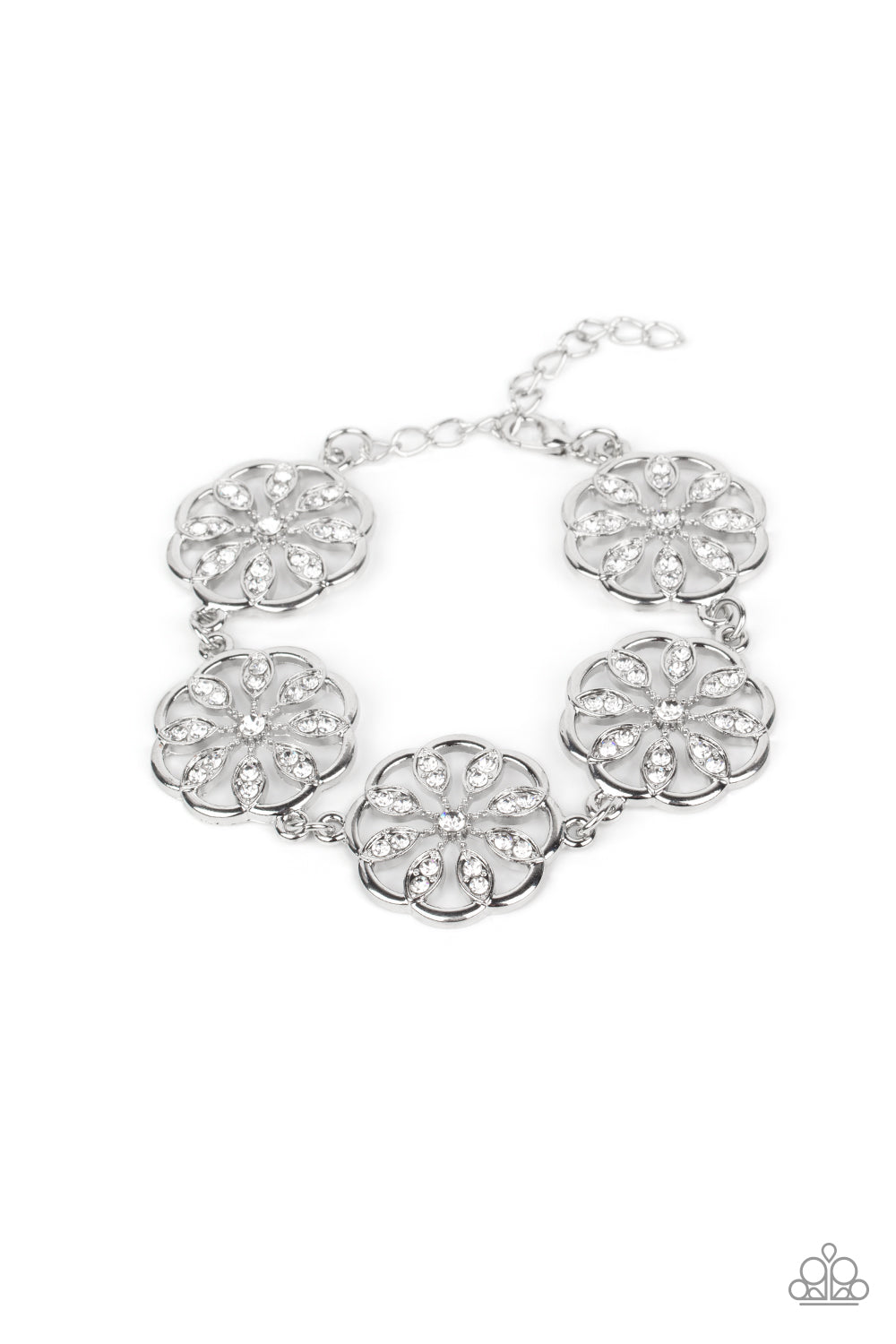 Blooming Bling - White Rhinestone Floral - Sparkly Silver Bracelet - Paparazzi Accessories - White rhinestone floral accents, scalloped silver frames delicately link around the wrist for a sparkly seasonal fashion. Features an adjustable clasp closure stylish bracelet.